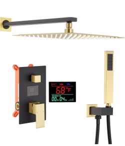 (Brand New in Box)  Shower Faucet Set Digital Display 16" Rainfall Shower System Black and Brushed Gold Wall Mounted Shower Complete Combo Set with 16