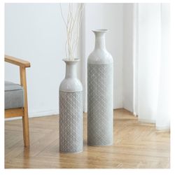 Sziqiqi Tall Floor Vase for Flowers -Extra Large Floor Vase Set of 2 Big Metal Glazed Vases / Vintage Grey Oversiz