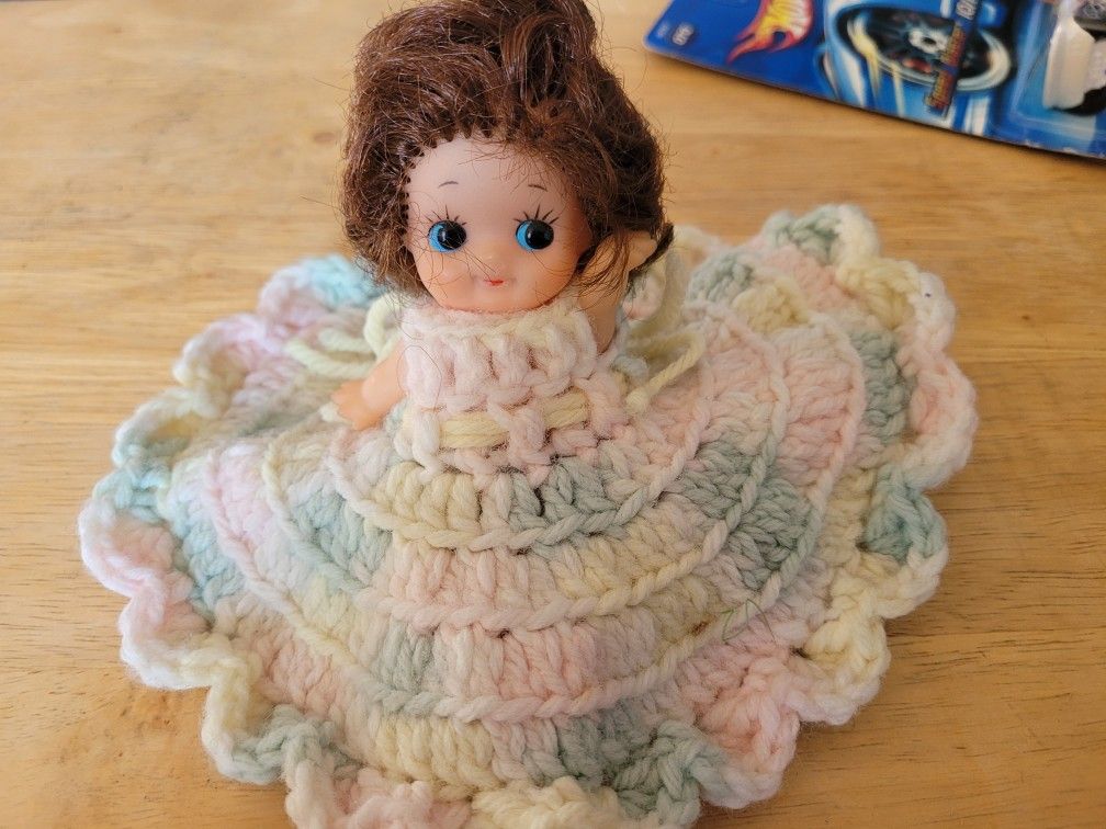 Vintage handmade crocheted small decorative bed or shelf doll