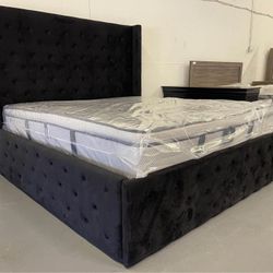 Brand New Black Upholstered Tufted Platform King And Queen Size Bed Frame - Mattress 