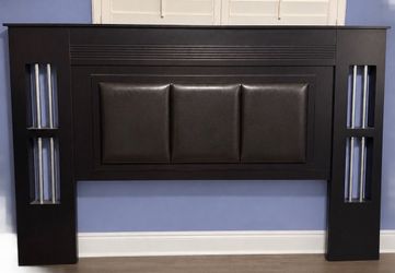 Dark Wood Headboard with Faux Leather Panels