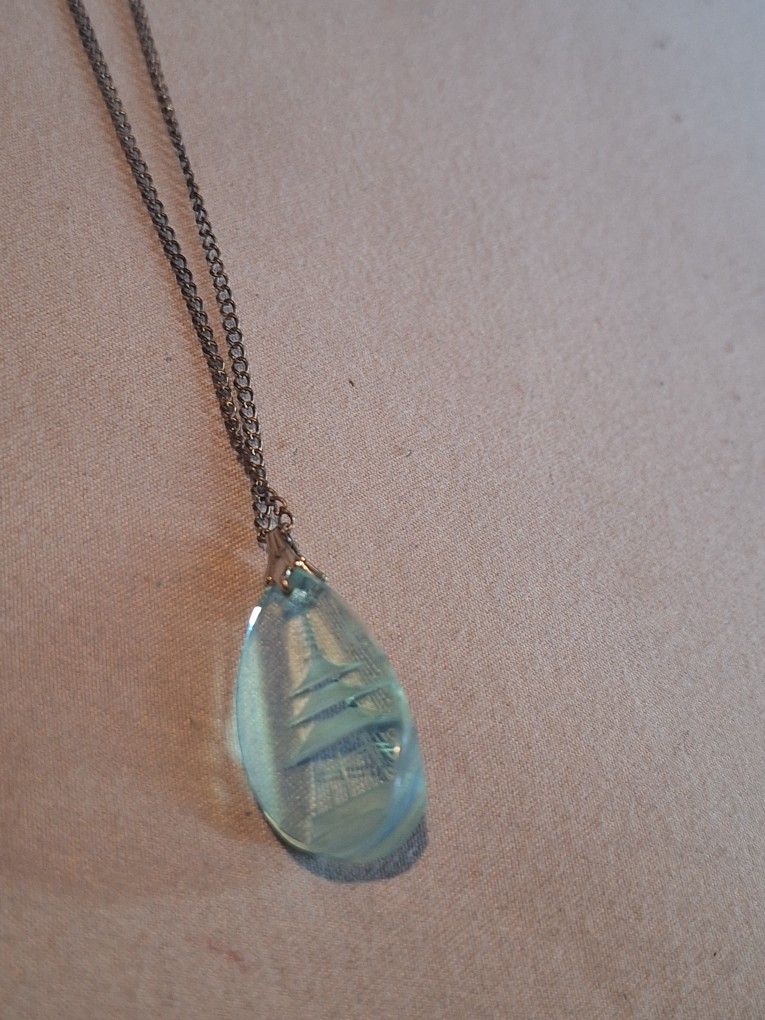 Rare 50's Sterling Silver Carved Glass Opalescent Pagoda Intaglio Pendant Carver