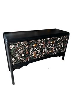 Cottagecore wallpapered black painted large buffet with drawers and storage