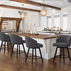 Arturo 26 in.Dark Gray Linen Fabric Upholstered Swivel Bar Stool with Metal Frame Nailhead Counter Barstool Set of 4