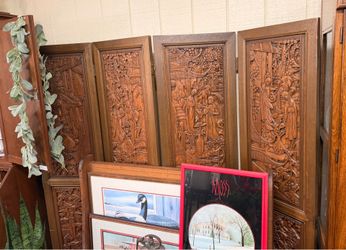 Carved Wood Folding Room Divider Screen