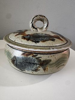 Signed Studio Pottery Covered Fish Casserole / Tureen Dish - 8"