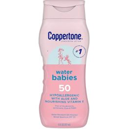 Coppertone WaterBabies Baby Sunscreen Lotion SPF 50, Hypoallergenic Sunscreen for Babies, Water Resistant, Pediatrician Recommended, 8 Fl Oz Bottle