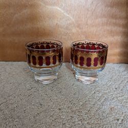 Culver 60's 22K Gold Cranberry Scroll Low Ball Cocktail Glass Signed Set of 2 
