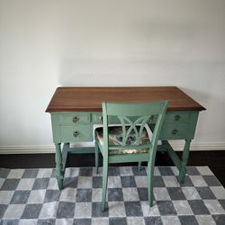 Vintage Boho Green Desk And Chair 
