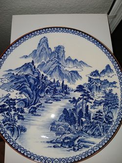 Asian Blue & White Charger River Mountain Village Scene 
