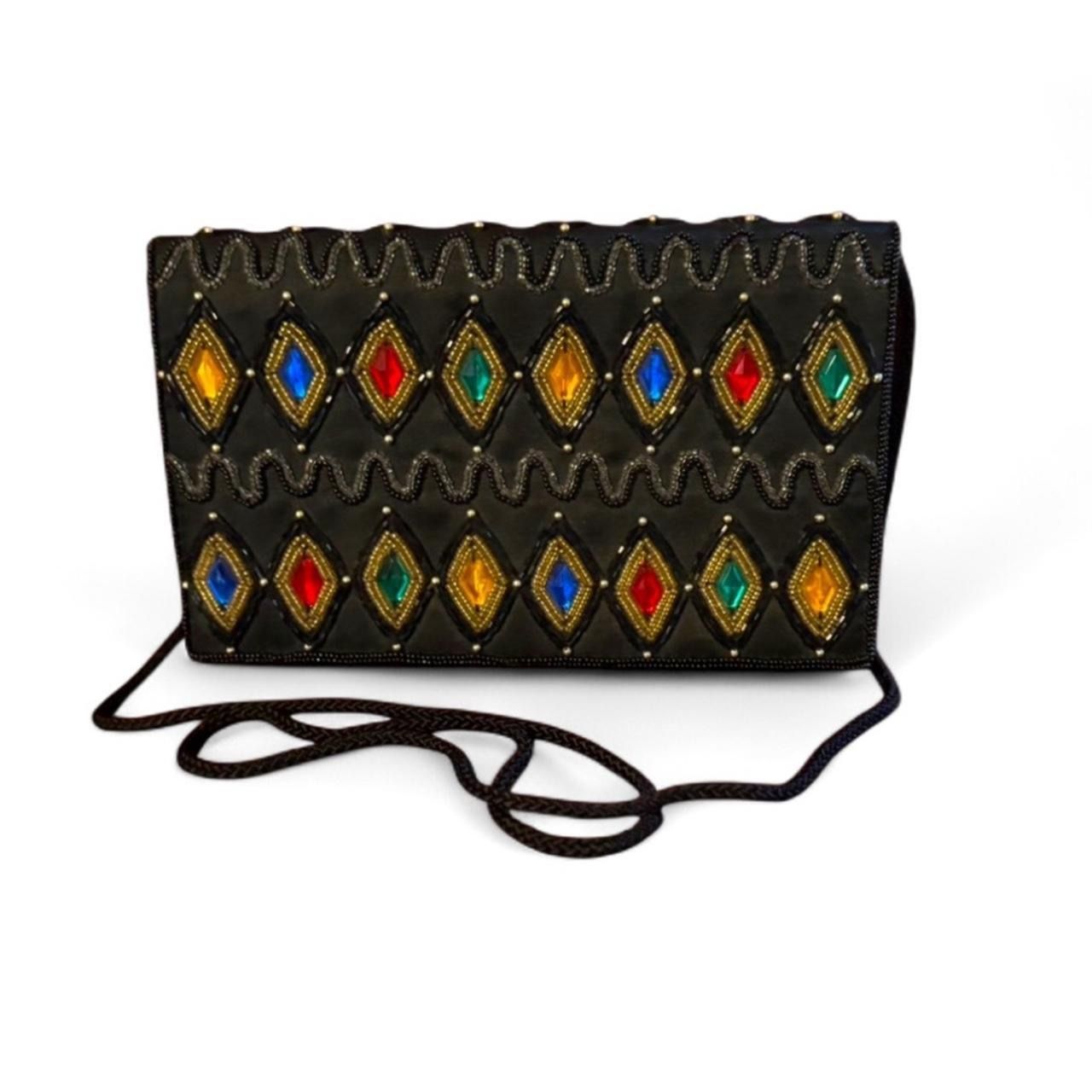 ACCESSORY LADY 80’s Black Embellished Satin Bag w/Multicolored Jewels & Beads