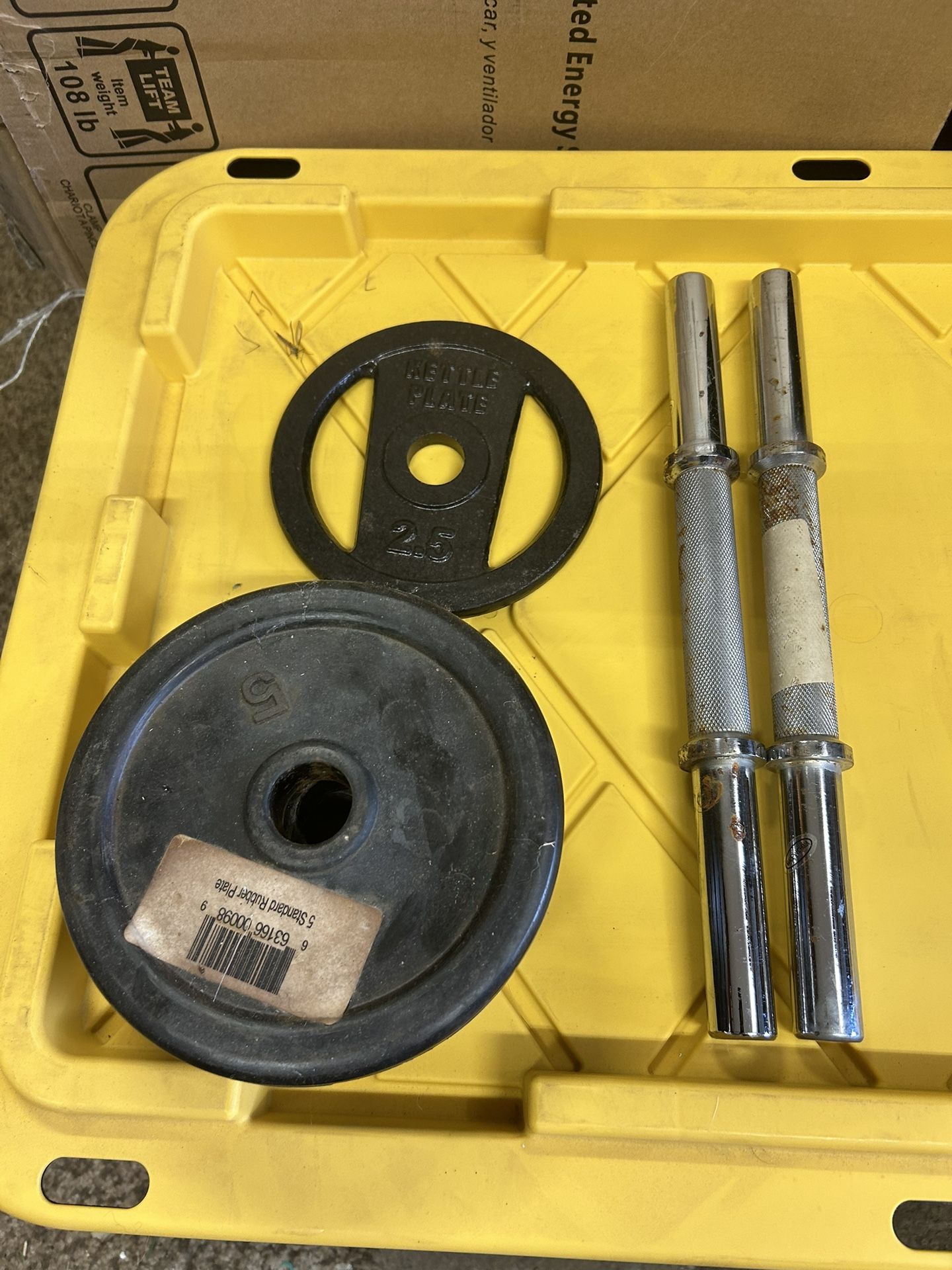 2 Standard 1in Curl Bars And 3 - 5lb Plates And 1- 21/2 lb. Plate