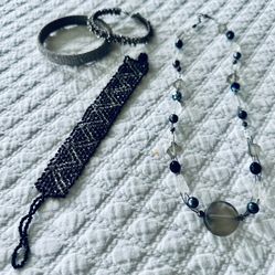 Black & Silver Jewelry Lot, Including Hand-beaded Adjustable Bracelet Band Of Tiny Beads