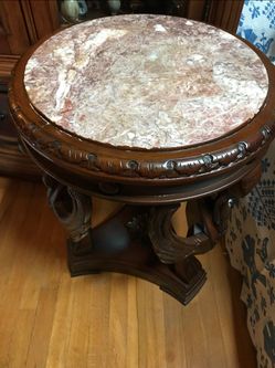 Round Marble Top Carved Wood Pedestal Table