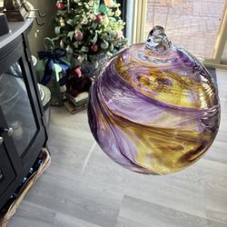 Hand Blown Multicolor Glass Ornament W/box Purple Gold 