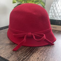 Red Wool Felt Cloche Hat With Bow Detail 
