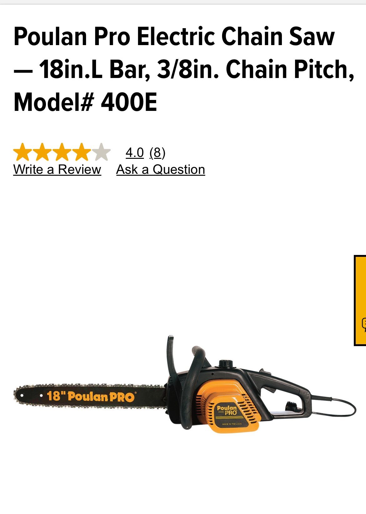Poulan Pro Electric Chain Saw - 18in.L Bar, 3/8in. Chain Pitch, Model# 400E