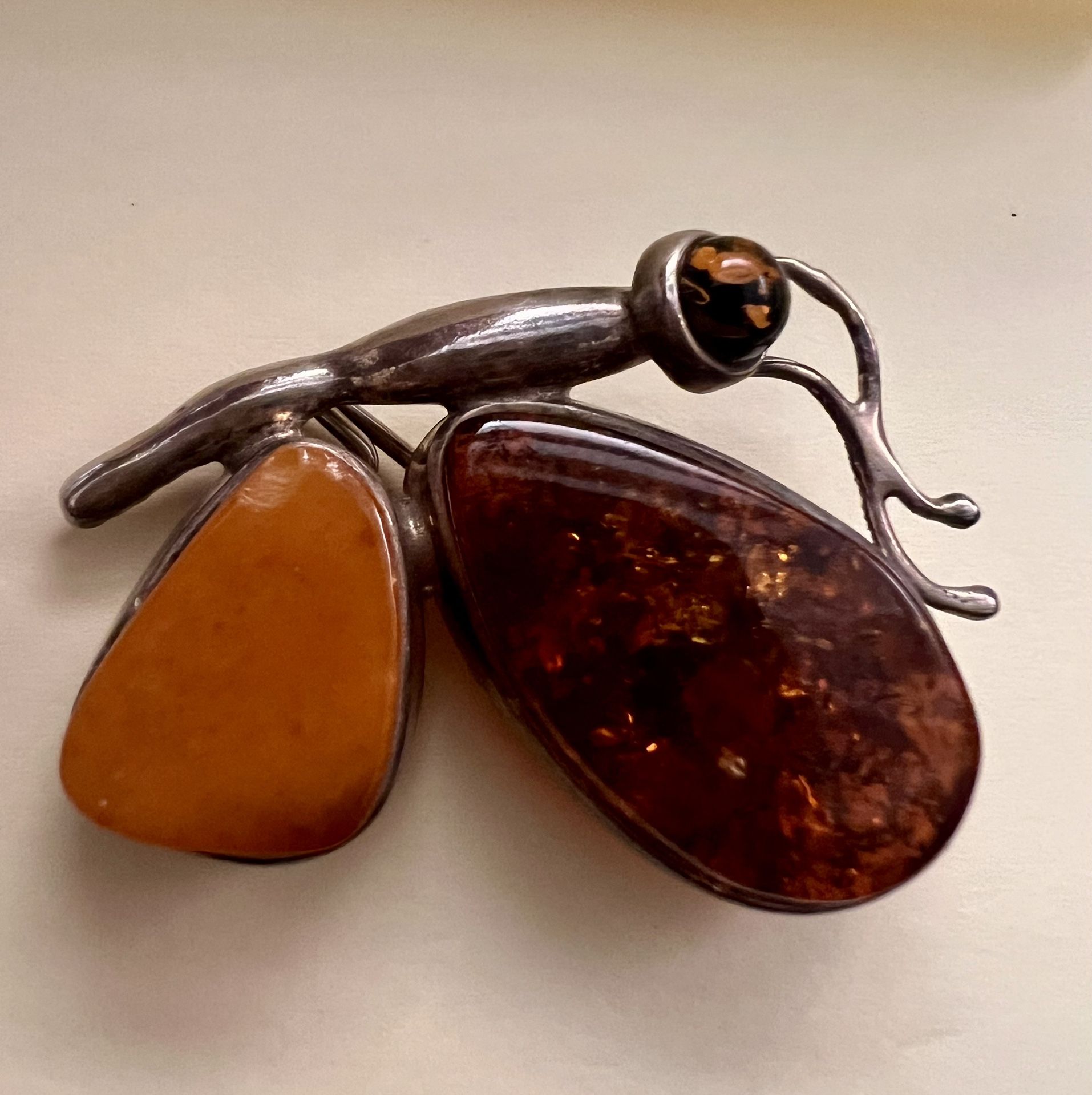 Vintage Brooch Amber Stones Marked 925 Butterfly