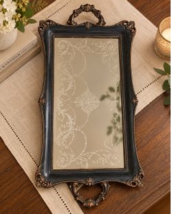 Ornate Vintage-Style Etched Mirror Serving Tray