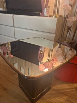 Vintage 1980s Postmodern Black Lacquer & Mirror Side Table