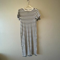 H &M, Women’s Black & White Striped Loose Fit Ribbed Jersey Dress, Size S
