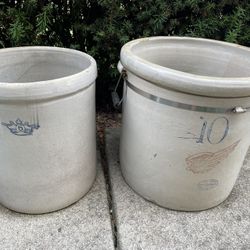 Antique Vintage Crocks- Red Wing 10 Gallon And Blue Crown 6 Gallon