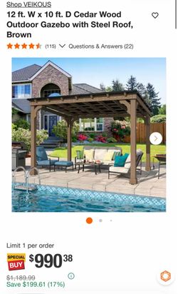 Shop VEIKOUS 12 ft. W x 10 ft. D Cedar Wood Outdoor Gazebo with Steel Roof, Brown
