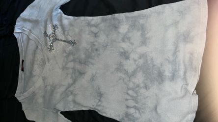 White Tie-Dye Thermal Top with Rhinestone Cross