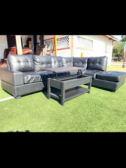 Black Faux Leather Sectional Sofa with Coffee Table