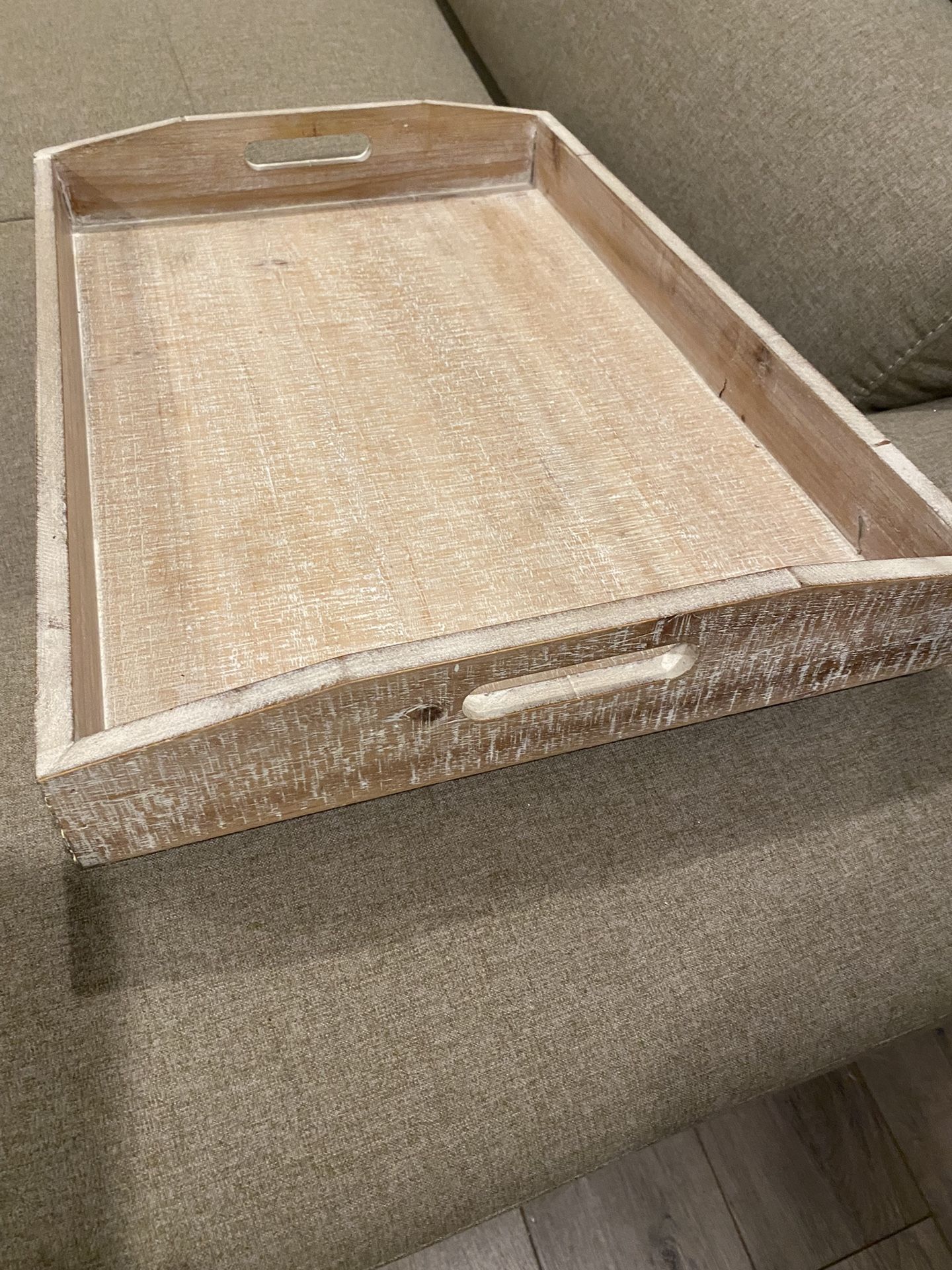 Rectangular Farmhouse Tray With White Washed Wood  And Hand Curved  Design On The Sides Handles 22”x15”x2”