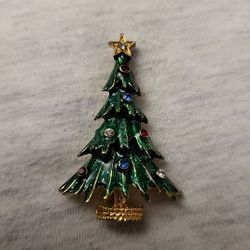 Vintage Eisenberg Ice Gold Tone Enamel Christmas Tree Pin Brooch Rhinestones