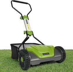 B168 $90  16inch Push Reel Lawn Mower 5 Blades 6 Adjustable Cutting Height Manual Reel Mower with 8-gal Grass Catcher for Garden/Yard Green  Power Sou