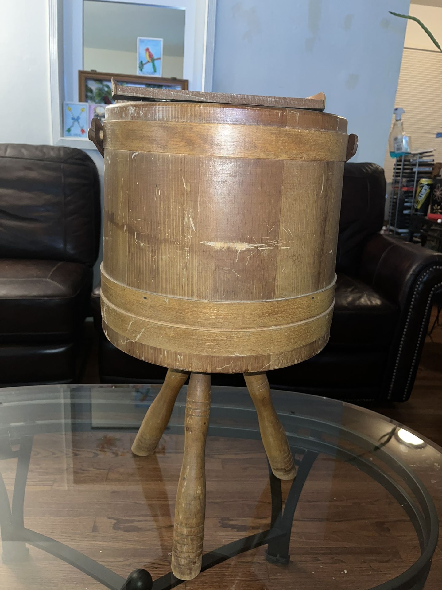 Sewing Basket Bucket Vintage Wood Firkin Stand 3 Legs Tripod Primitive holder