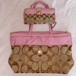 Authentic COACH Signature Shoulder Tote Bag Canvas Leather Brown Pink including wallet 