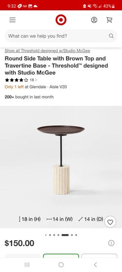 Round Side Table with Brown Top and Travertine Base $110