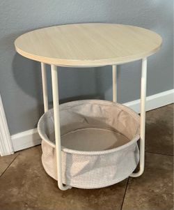 (NEW) Round End Table W/ Fabric Basket
