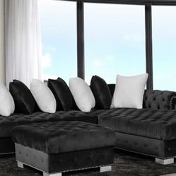 Brand New Black Velvet Sectional With Matching Ottoman 