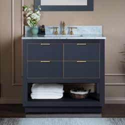 WOODBRIDGE Venice 42"x21"x33" Solid Wood Bath Vanities Side Cabinet in Grey and Gold Trim and Carrara Marble Vanity Top Cabinet with 3 Pre-Drilled Hol