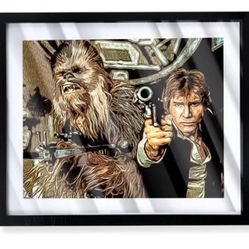 han solo and chewbacca custom art piece on black frame