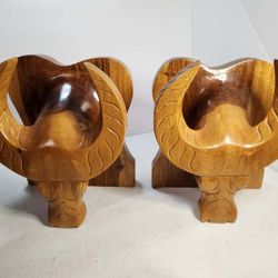 Vintage Set Of 2 Wood Bull Bookends Steer Ox Pair Wooden Carved Cattle Ranch