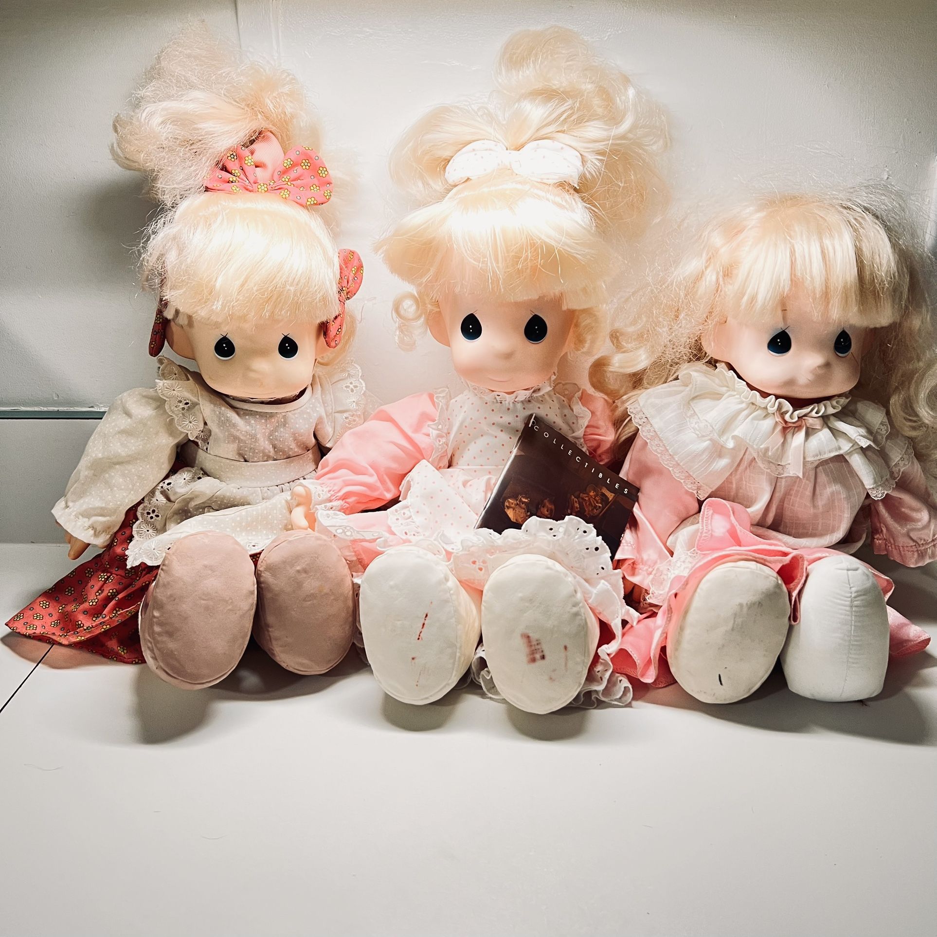 Precious Moments 15" Doll Blonde Pigtails w/ Pink Dress   3 dolls 