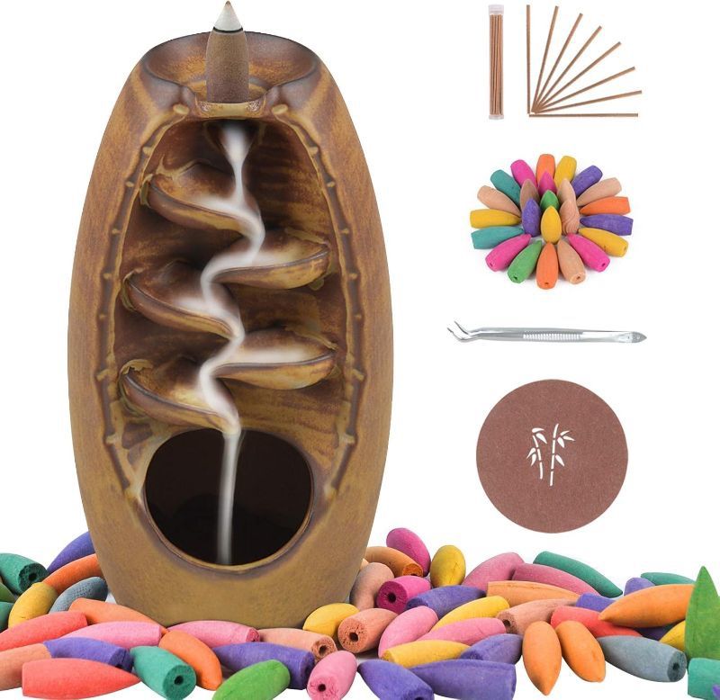 SPACEKEEPER Ceramic Backflow Incense Holder Incense Burner Waterfall, With 120 Backflow Incense Cones & 30 Incense Stick, Aromatherapy Ornament Home D