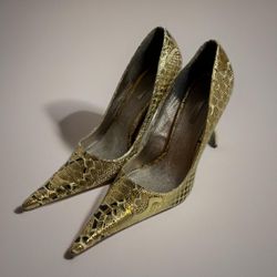 Michael Antonio Pointed Toe Snakeskin Print Gold Heels Size 6 
