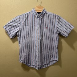Men’s XL Vintage Ralph Lauren Light Blue Red Pony Striped Button Up Shirt