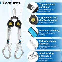 6 ft Dual Leg Self-retracting Lifeline Web Lanyard Retractable, Twin-Leg Self Retracting Lifeline with Twin Big Rebar Hooks, Two Shock Absorber