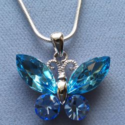 Blue Crystal Butterfly Necklace On Snake Chain *Ship Nationwide Or Pickup Boca Raton