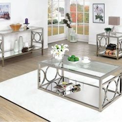 Brand New Silver Chrome 3pc Coffee Table Set