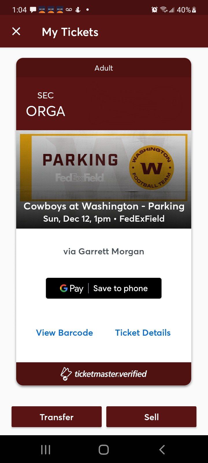 Cowboys @ Washington Football Team Parking Pass