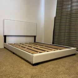 Full Size White Faux Leather Platform Bed Framev