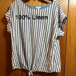 LL Bean Signature Linen Blue Striped Knot Tie Front Short Sleeve Blouse